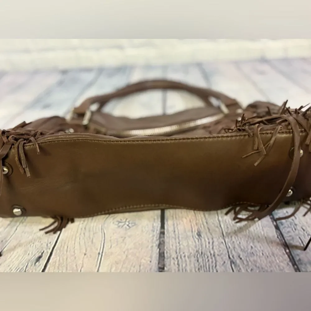 VINTAGE Botkier Chocolate Leather Morgan Boho Fringed Rocker Y2K Satchel Purse